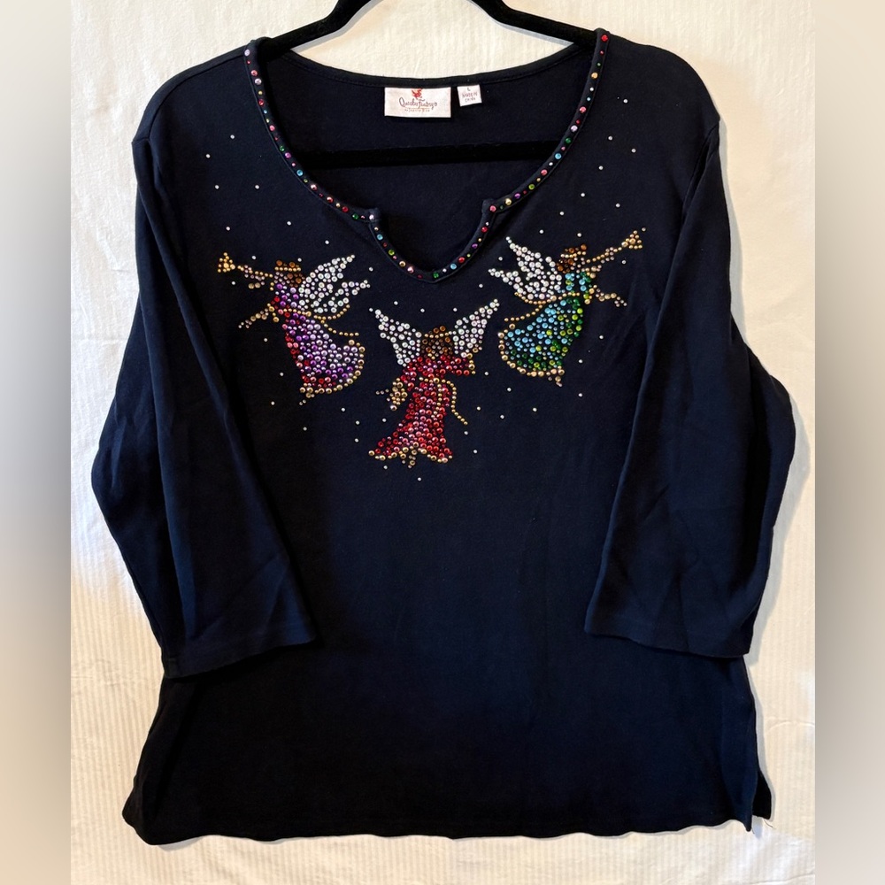 Quacker Factory Black Tunic with Colorful Angel Embellishments